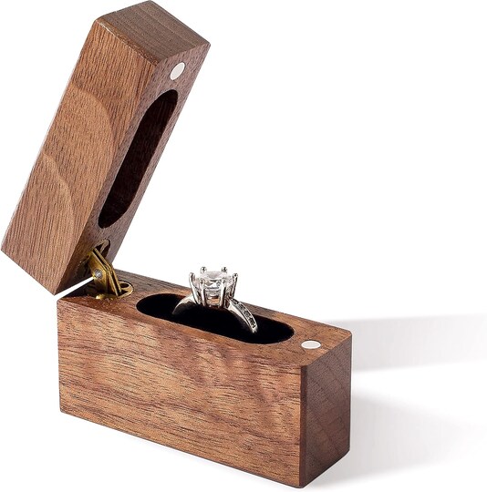 Wooden Engagement Ring Box – Slim Flat Walnut Wood Ring Case with Velvet Lining, Hidden Proposal Ring Box for Wedding & Engagement
